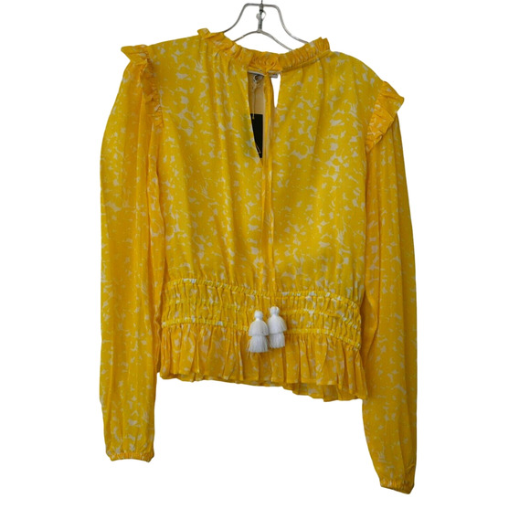 Karina Grimaldi Blouse Top Small Yellow Long Sleeve Ruffle Detail Smocked Waist - Picture 1 of 7